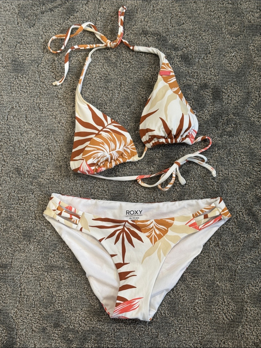 Roxy Tropical Floral Triangle Bikini Set Strappy Sides White Orange Brown - XS